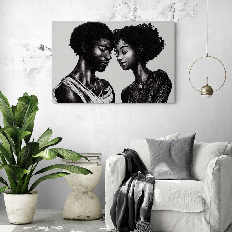 Grand tableau rencontre amoureuse d'un couple noire, dans un salon