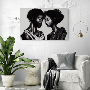 Large wall art of a Black couple's romantic encounter in a living room