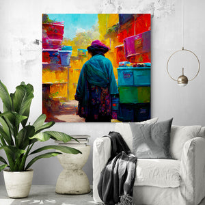 Large painting canvas of a vibrant alleyway with a lone vendor in a poor neighborhood, hung in a living room