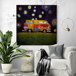 Large artwork of a colorful hippie van in a grassy field. A vibrant painting with a joyous spirit, perfect for a living room