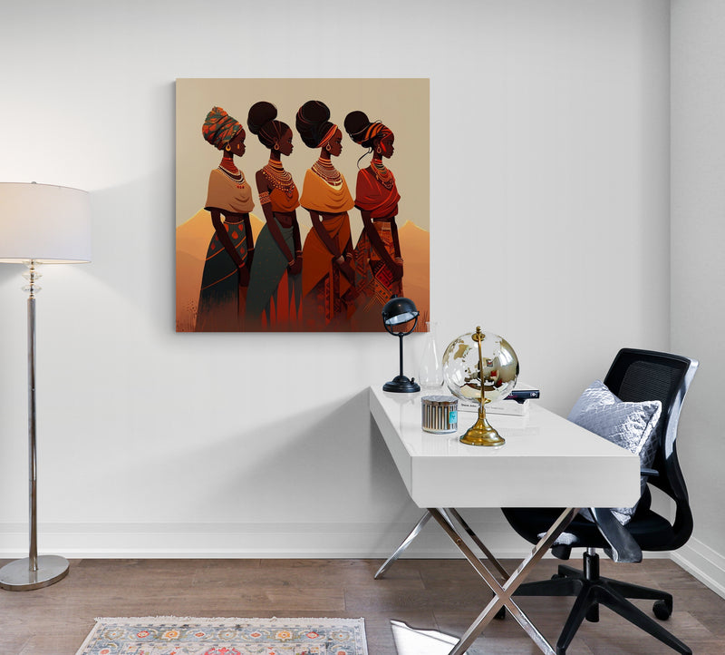 Tableau toile pour bureau avec illustration d'une tribu de grandes belles femmes africaines, Concept Art, Simple