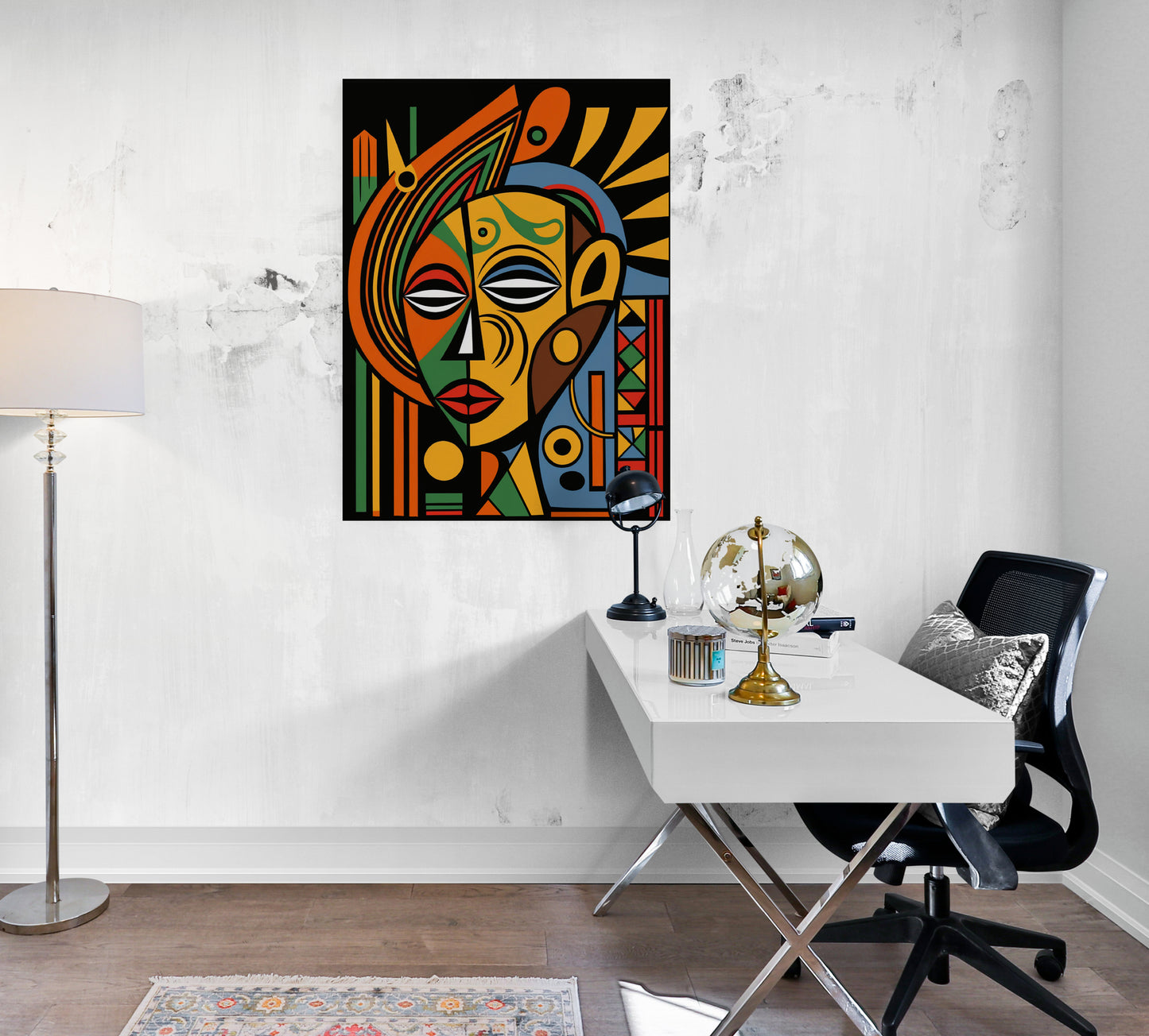 tableau décoration bureau, Art ethnique africain, formes géométriques, coloré.