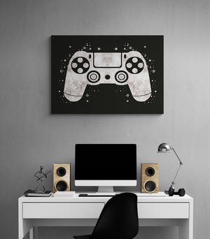 A gaming poster hung above a desk