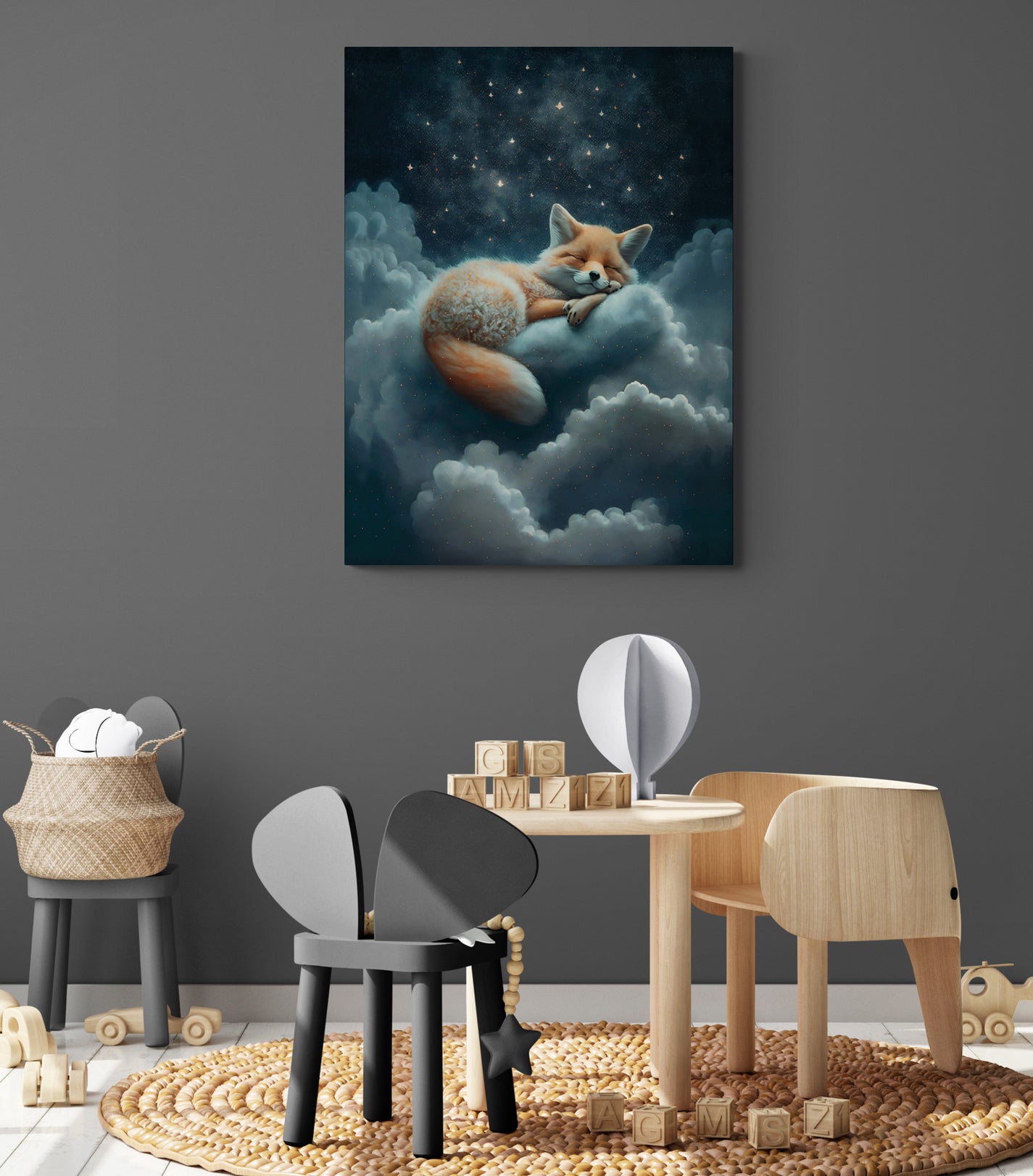 Le Petit Prince : renard endormi, ciel étoilé, rêverie éthérée, décoration chambre enfant