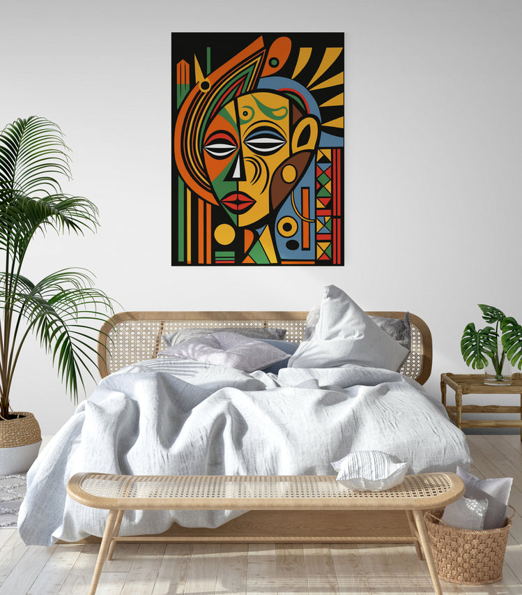 tableau décoration murale chambre, Art ethnique africain, formes géométriques, coloré.