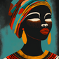 tableau femme africaine, couleurs chaudes, style vectoriel, motifs ethniques