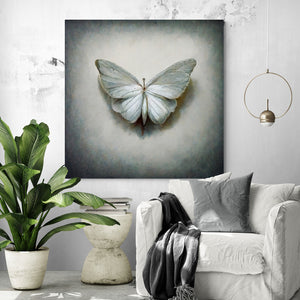 White butterfly canvas, delicate and hanging in a white living room