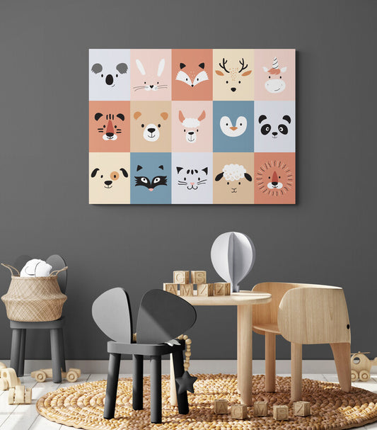Tableau deco animaux chambre bebe : Une grille de 15 animaux colorés, tous différents