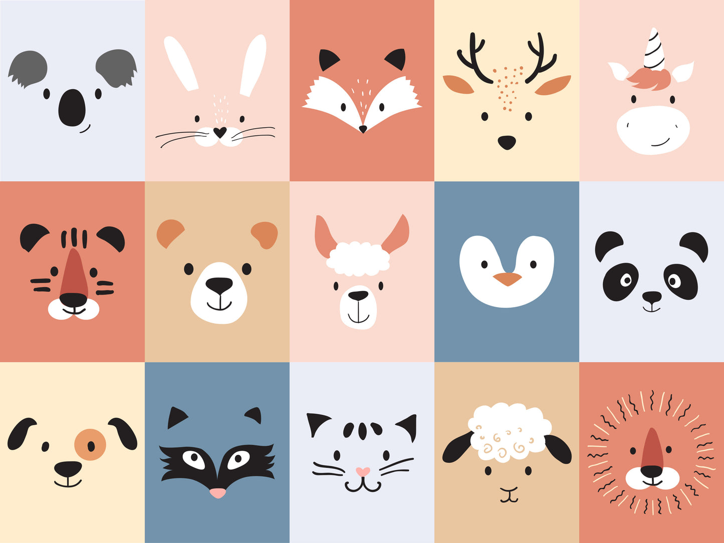 Tableau animaux chambre bebe : Une grille de 15 animaux colorés, tous différents