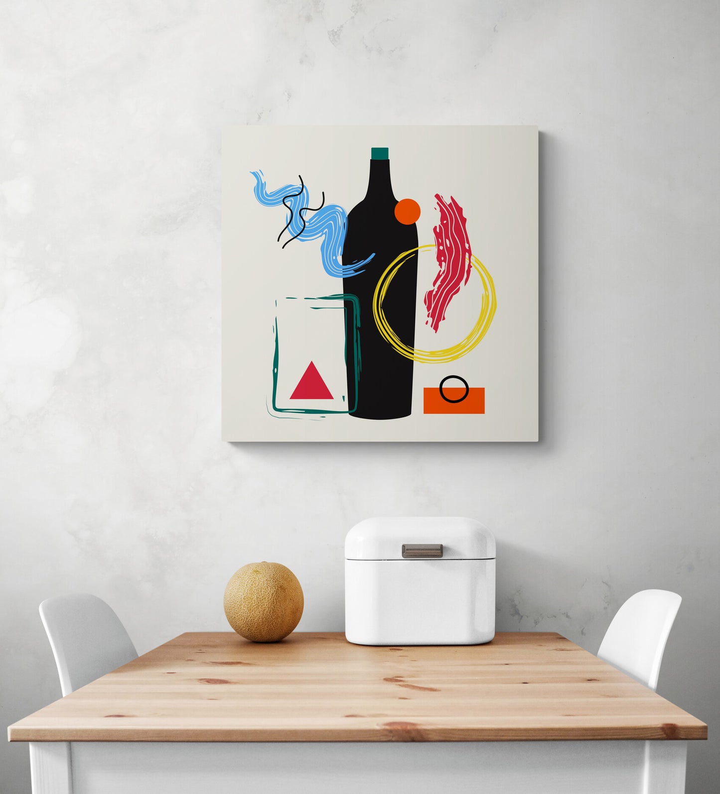 Tableau moderne apéro avec une bouteille de vin et des formes géométriques