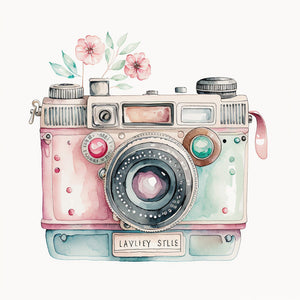 Canvas art with a retro Valentine camera, watercolor in pastel tones