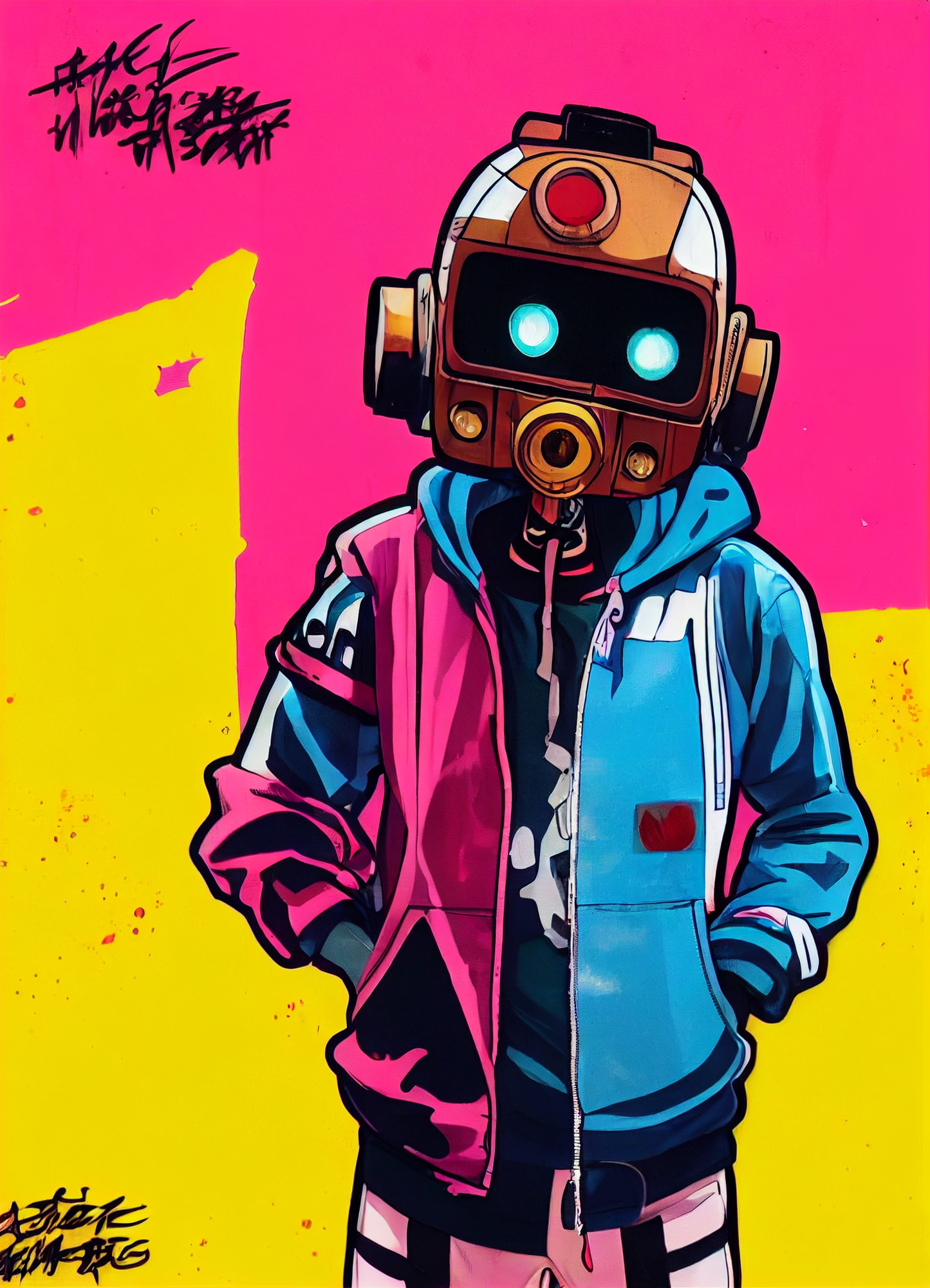 un tableau street art coloré avec un robot old school