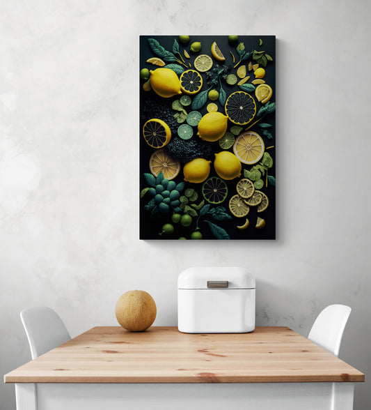Un tableau design pour cuisine est accroché sur un mur blanc. C’est une photo de citron vert jaune sur un fond noir. Le tableau cuisine est placé ce au-dessus d'une table à manger blanche, deux chaises sont de chaque côté de la table. Une boîte à pain en métal blanc et un melon sont sur la table