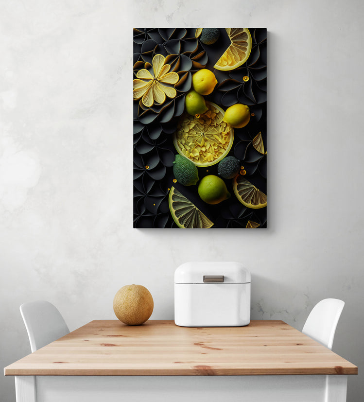  Un tableau avec des citrons est accroché sur un mur blanc. C’est une photo de citron et de tranche de citron vert et jaune sur un fond de fleurs noirs. Le tableau cuisine est placé ce au-dessus d'une table à manger blanche, deux chaises sont de chaque côté de la table. Une boîte à pain en métal blanc et un melon sont sur la table