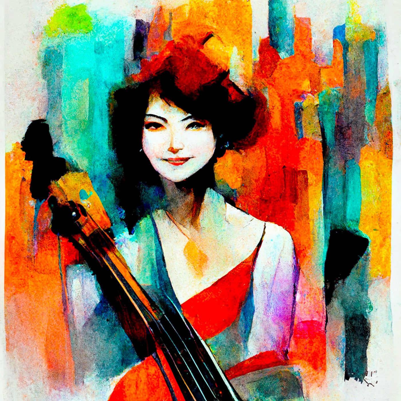 une femme avec un violoncelle dans un arc-en-ciel de couleur