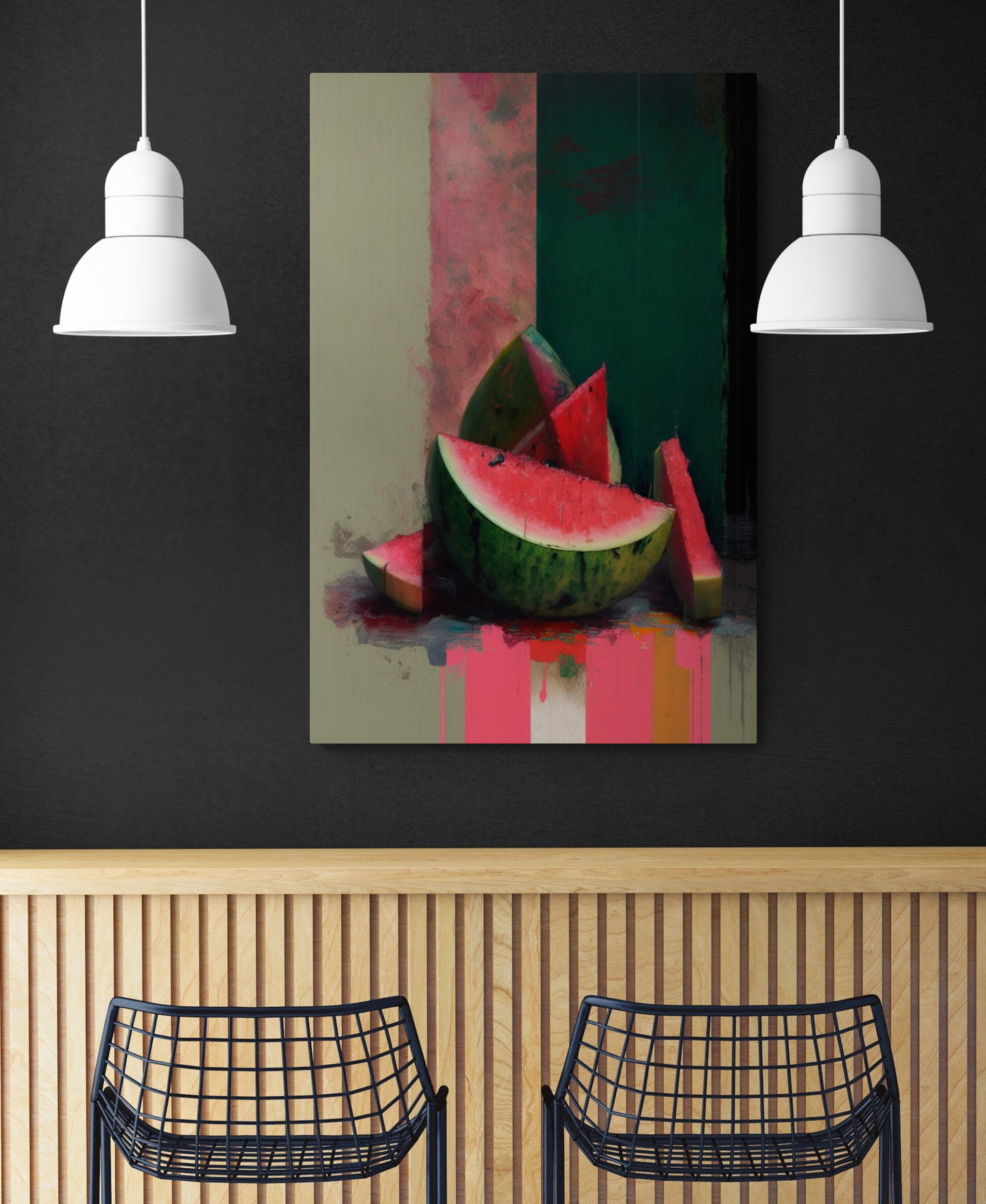 Tableau deco représentant des tranches de pastèque. Aux lignes courbes et couleurs évoquent la fraîcheur de ce fruit juteux dans noir