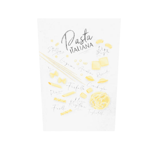 tableau plexiglass cuisine avec des illustrations de différents styles de pâtes italiennes sur un fond blanc ombré gris
