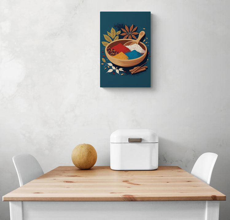 tableau epices orientales pour décorer la cuisine avec une illustration d'un bol rempli d'épices est accroché au-dessus d'une table en bois blanc