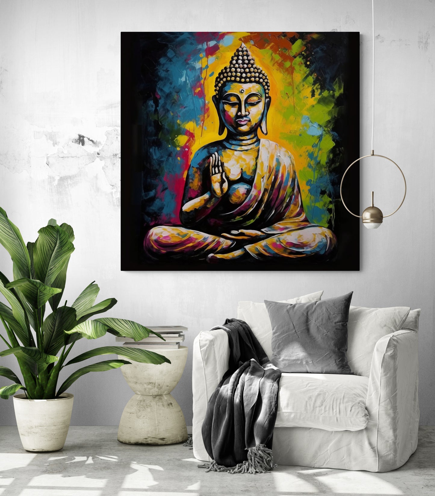 Buddha méditant, couleurs vives, énergie positive, sérénité