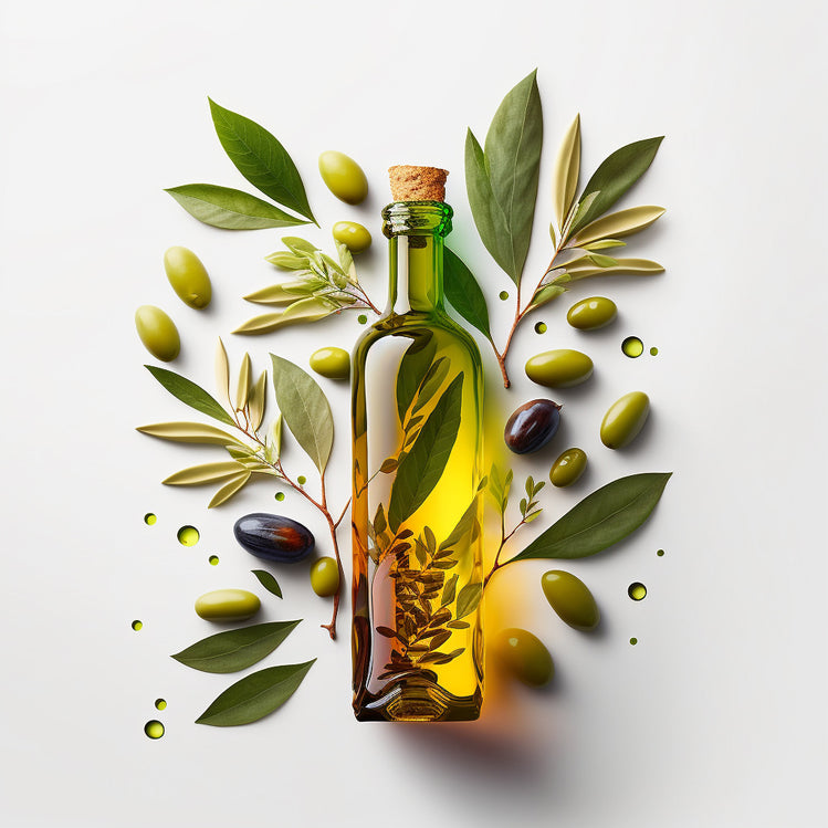 Magnifique photo d'une bouteille en verre d'huile d'olive contenant un liquide doré. Entourée d'olive vert et noir, de feuille et de goutte parsème en haut et en bas d'huile