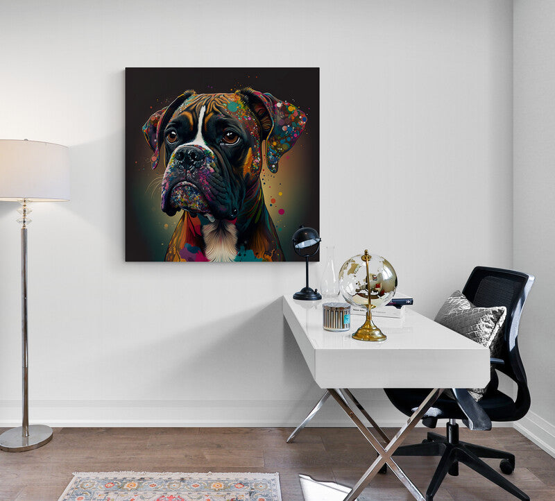Tableau decoration chien boxer en pop art, peinture multicolore pour bureau