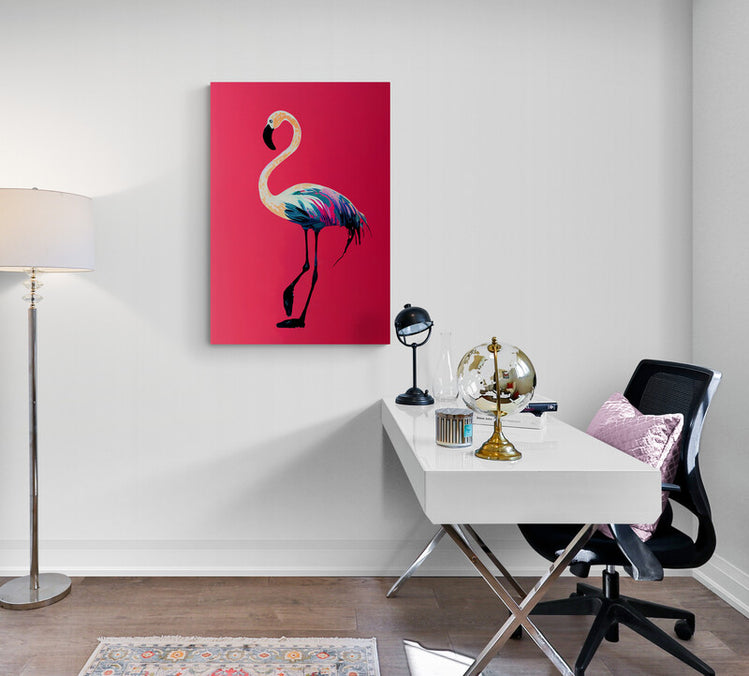 Tableau decoration flamant rose, peinture minimaliste pour bureau