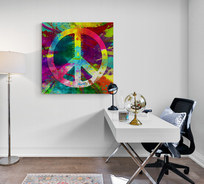 Tableau toile hippie peace and love coloré pour bureau