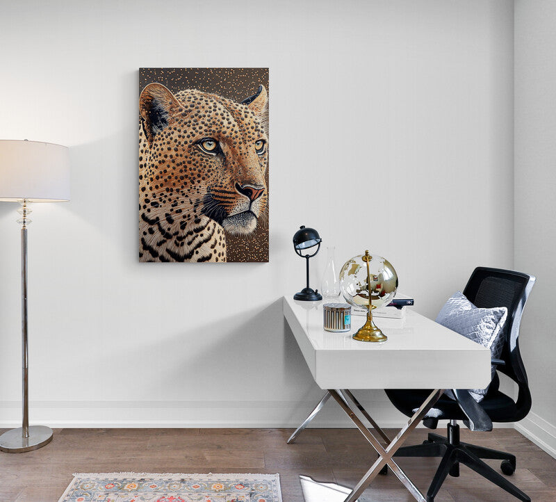 Tableau decoration leopard dans bureau en pointillisme, portrait