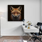 Tableau decoration renard en portrait photographie sur fond noir, renard roux au pelage touffu dans bureau