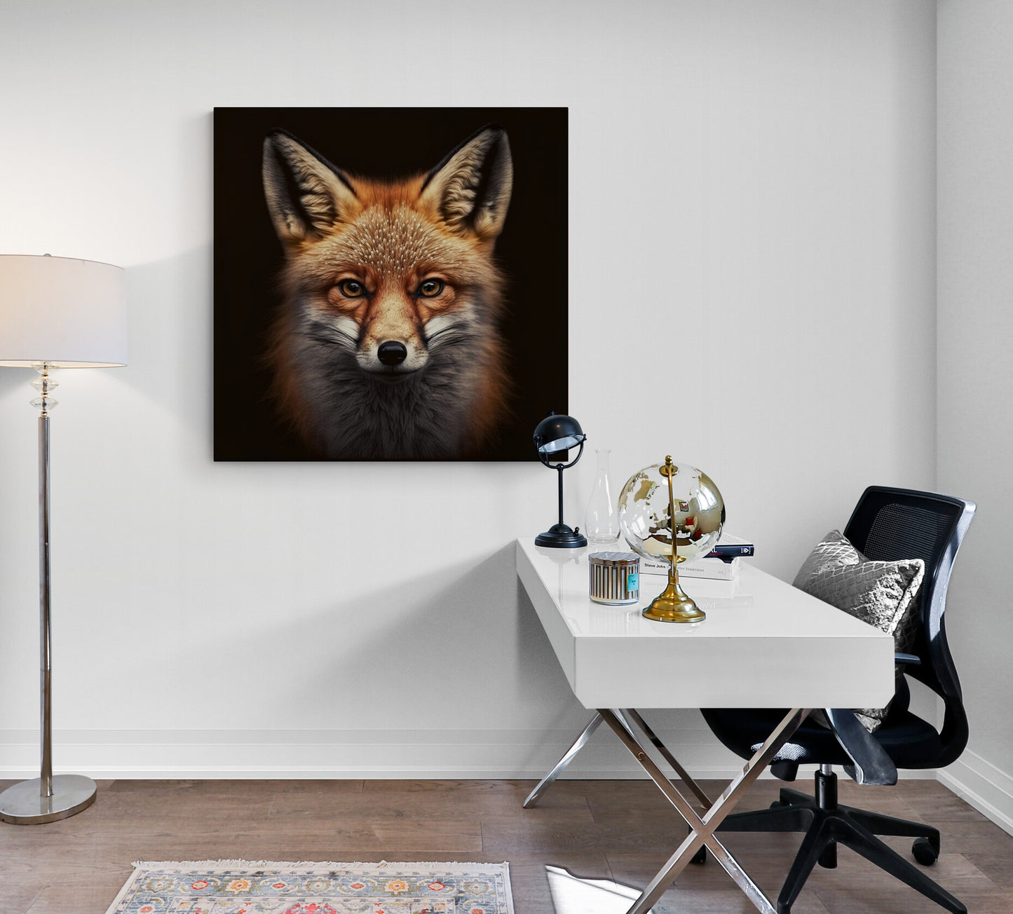 Tableau decoration renard en portrait photographie sur fond noir, renard roux au pelage touffu dans bureau