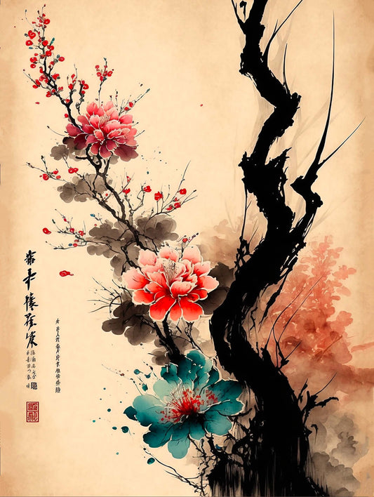 tableau japonais, Bel art de la calligraphie, fleurs de cerisier, peinture à l'encre, stylisé