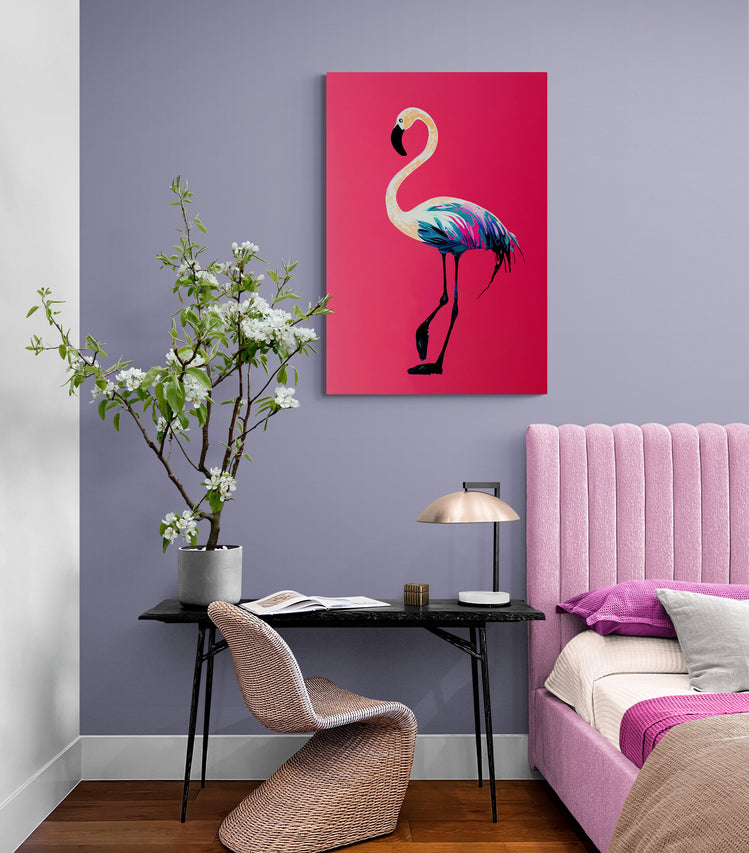 Tableau toile flamant rose, peinture minimaliste pour chambre