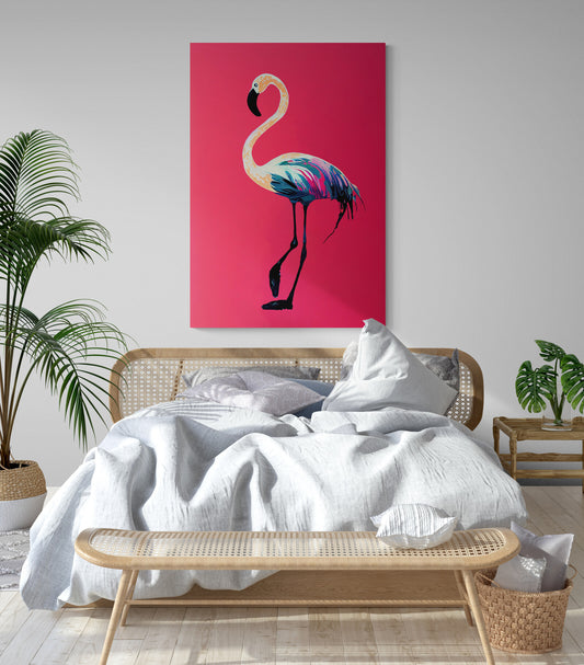 Tableau deco flamant rose, peinture minimaliste pour chambre