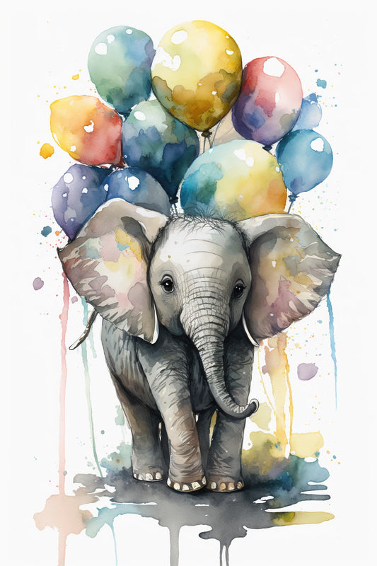 tableau elephant chambre bebe avec ballons en couleur, peinture aquarelle
