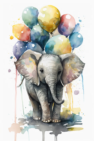 elephant nursery painting with colorful balloons in watercolor
