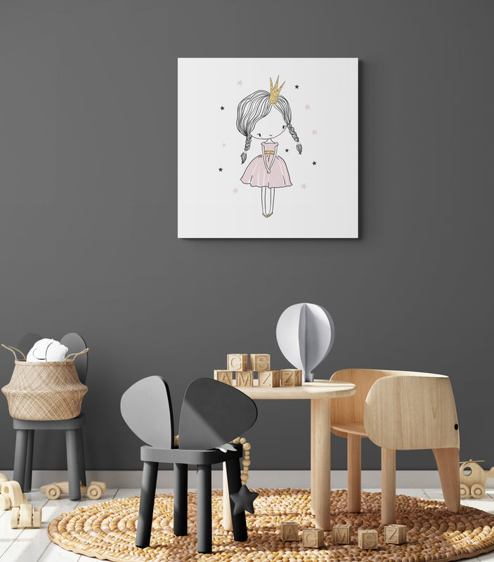 tableau avec illustration épurée et minimaliste d'une princesse rose qui décore une salle de jeux