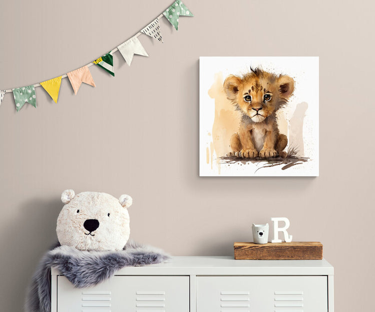 Tableau mural bébé lion à l'aquarelle pour chambre enfant