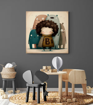 Canvas art of a child and their group of smiling monsters for a room