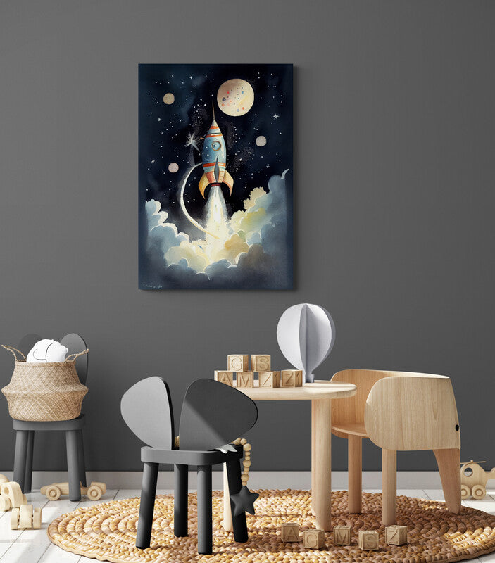 Tableau deco fusée dans l'espace pour chambre enfant, peint à l’aquarelle, étoiles et astres lumineux