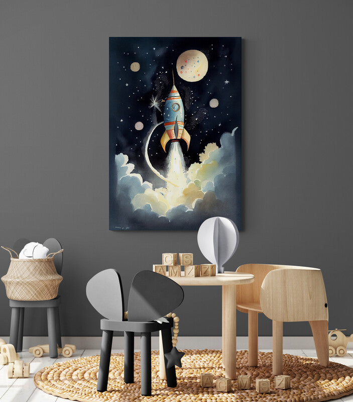 Tableau fusée dans l'espace pour chambre enfant, peint à l’aquarelle, étoiles et astres lumineux