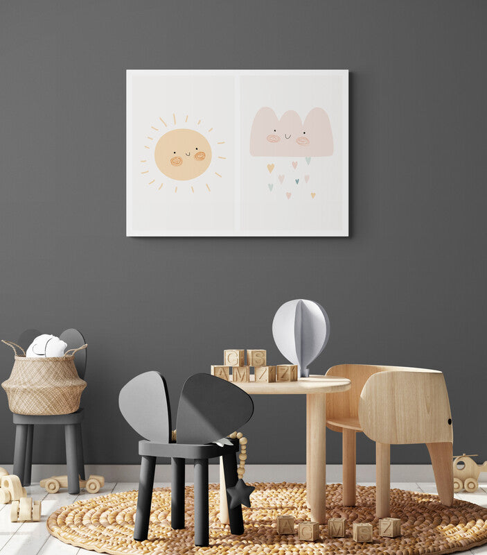 Tableau decoration chambre enfant, un nuage et un soleil pour bébé