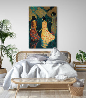 Art print depicting 3 women in water, elegantly bathing under the moon, symbolizing purity and spiritual cleansing for bedroom