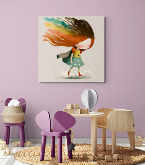 Bedroom canvas, young superhero girl with rainbow hair landing