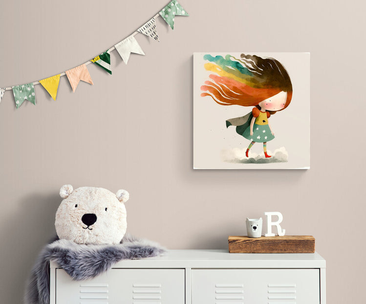 Tableau decoration chambre, une jeune fille super-héro aux cheveux arc-en-ciel qui atterrit