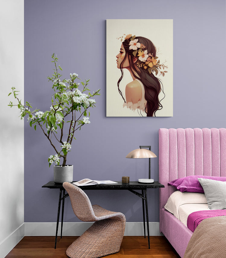 Tableau deco d’une jeune fille avec fleurs dans les cheveux, couleurs pastelles