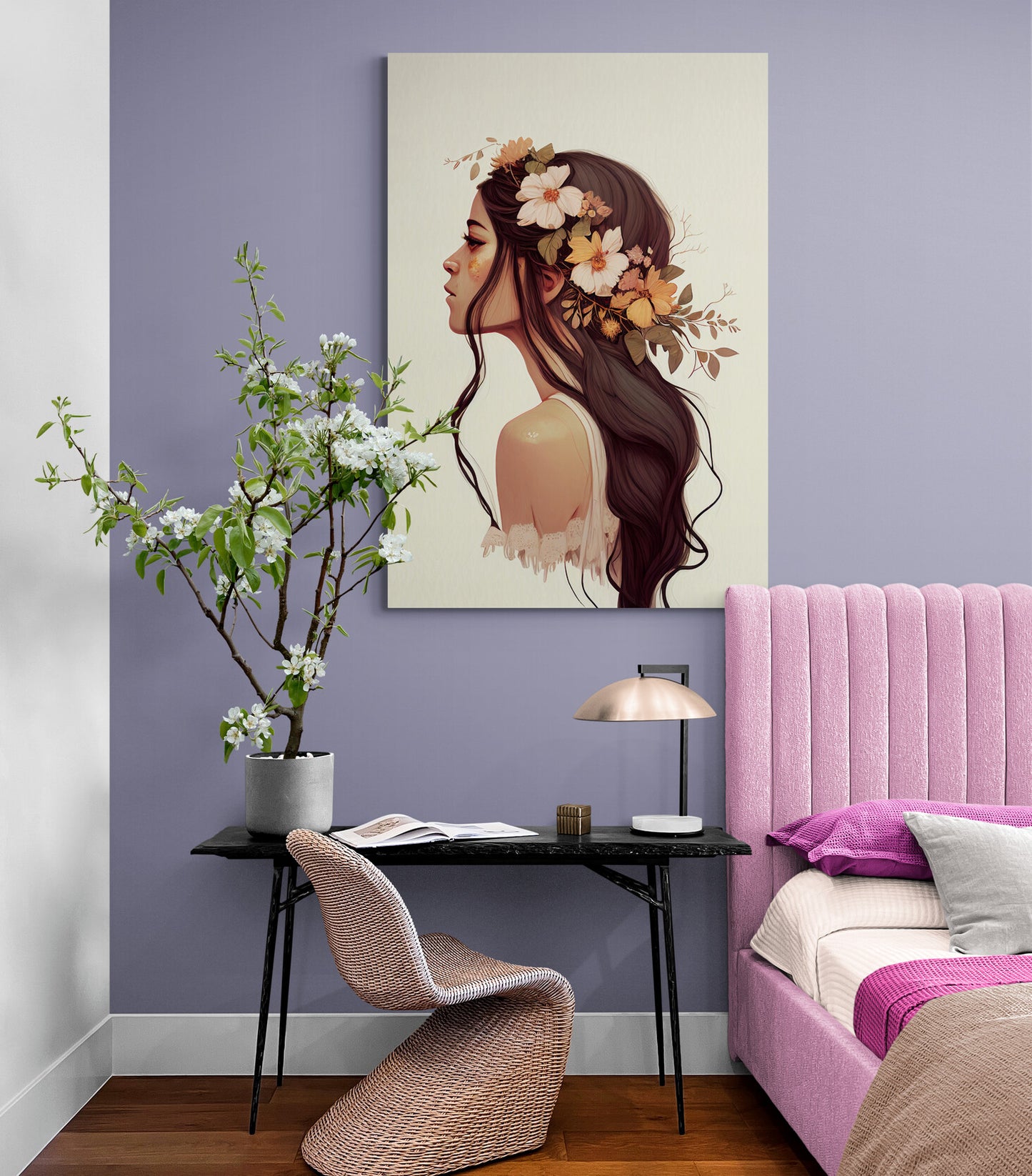Tableau chambre d’une jeune fille avec fleurs dans les cheveux, couleurs pastelles