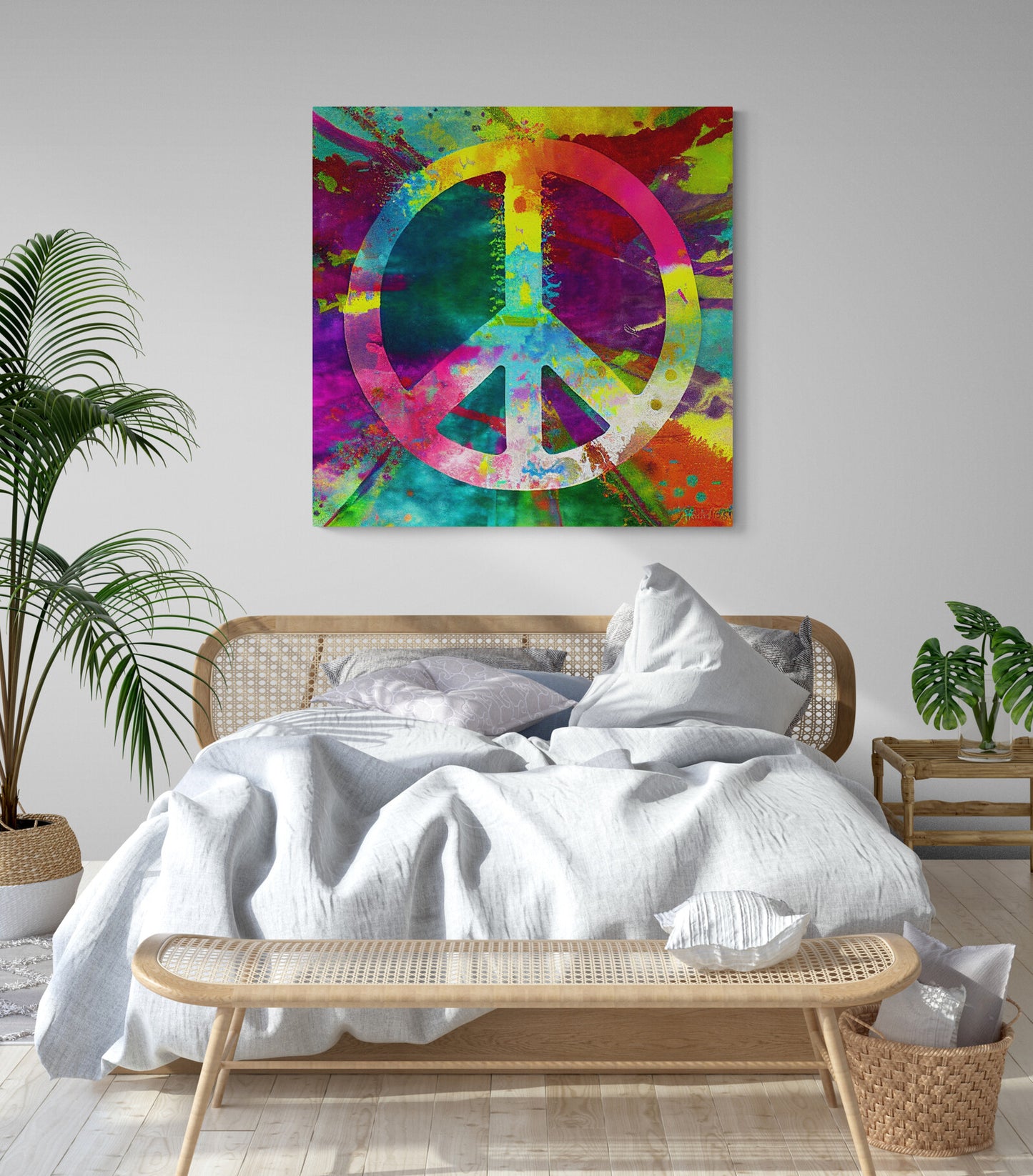 Tableau decoratif hippie peace and love coloré pour chambre
