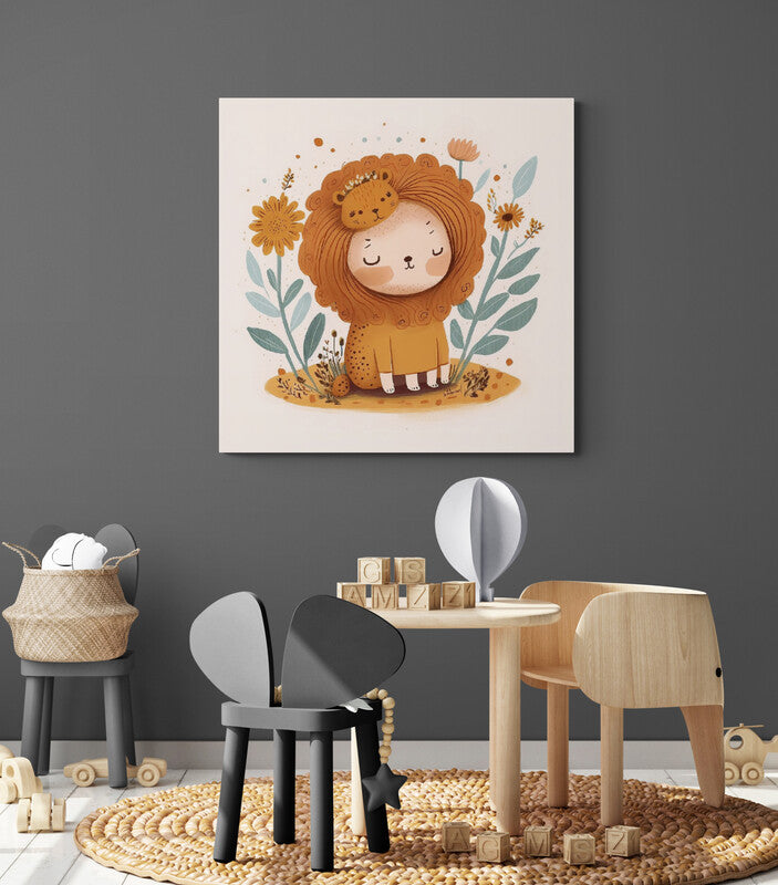 Tableau deco enfant déguisé en lion, marron pour chambre bébé