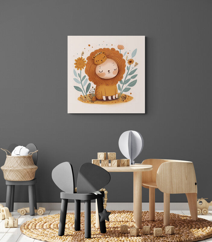 Tableau decoration enfant déguisé en lion, marron pour chambre bébé