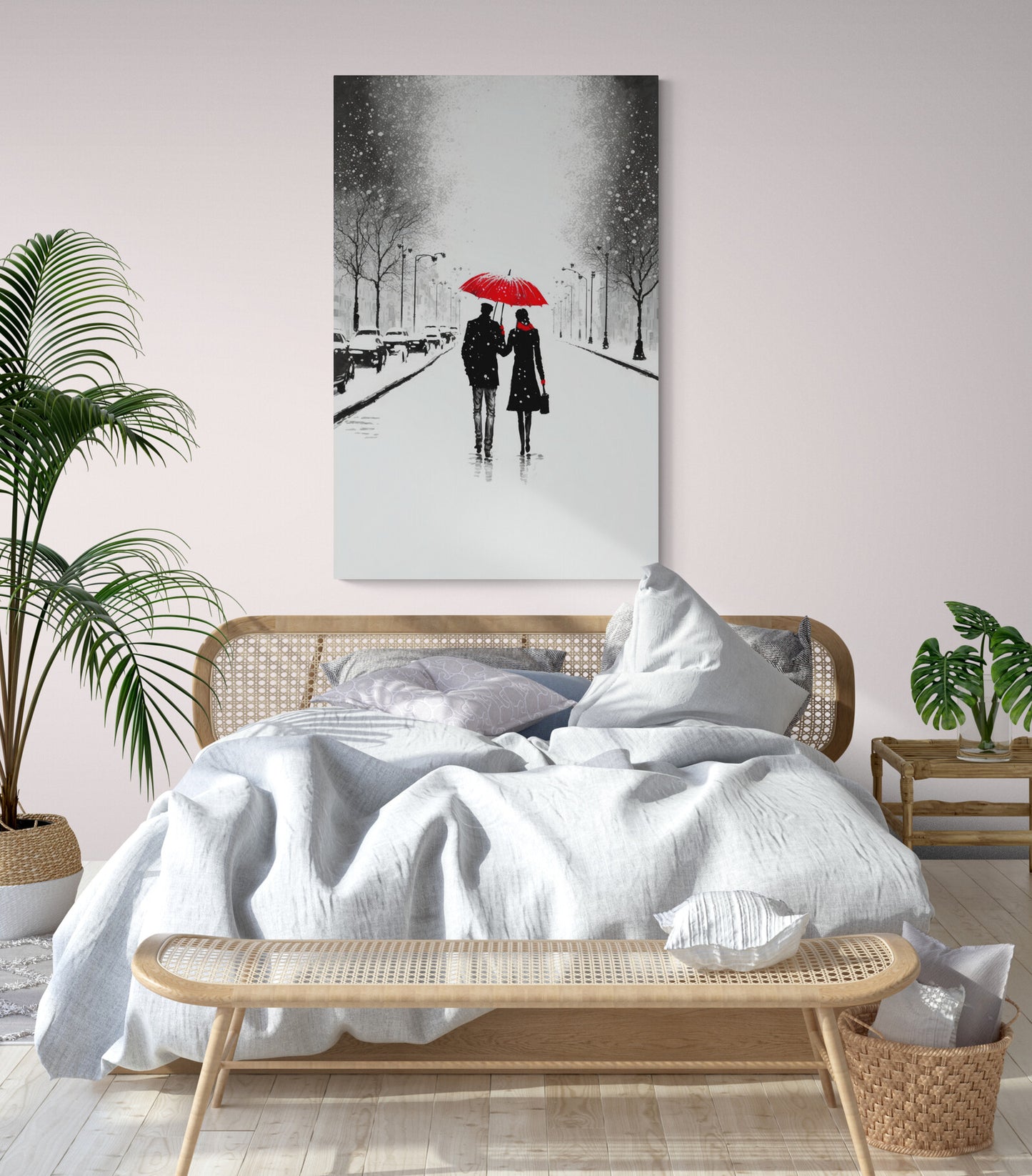 Tableau deco avec parapluie rouge symbolisant l'amour et l'espoir dans un paysage enneigé pour chambre
